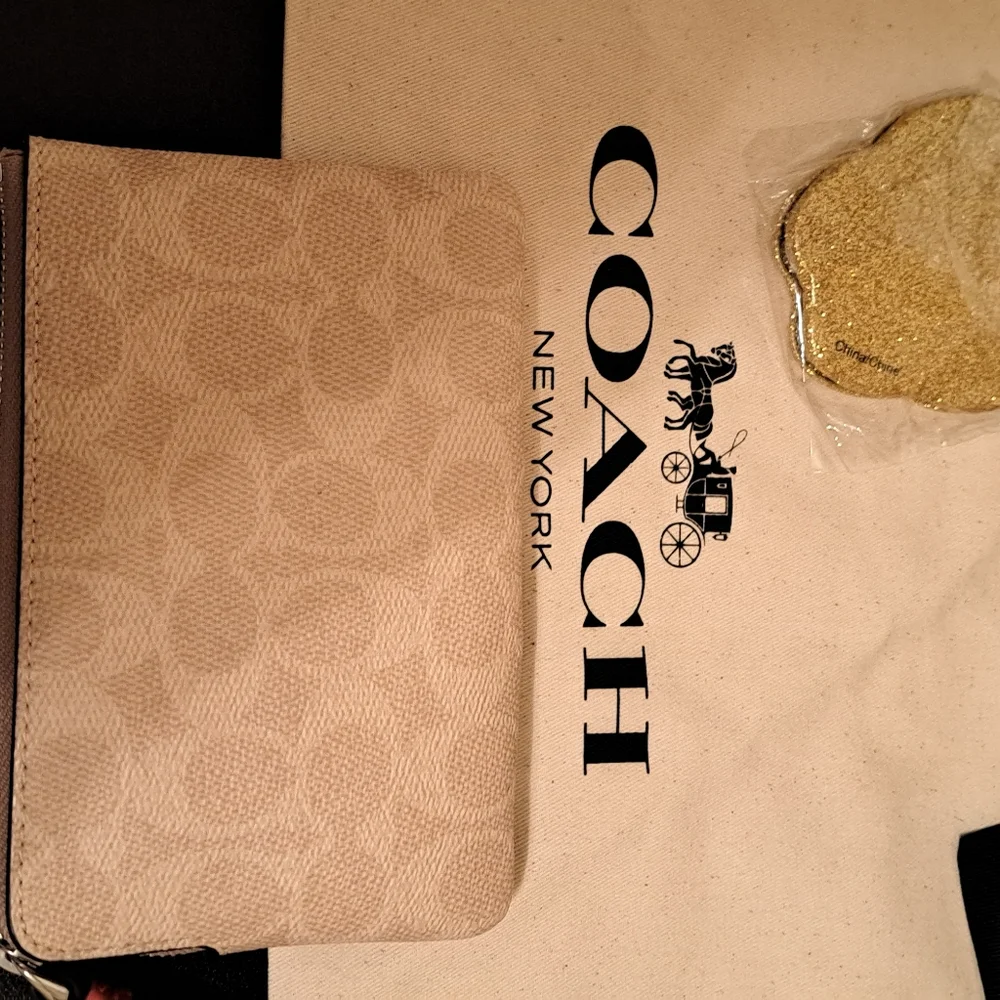 Coach Beige and Red Wristlet with compact mirror and dust bag